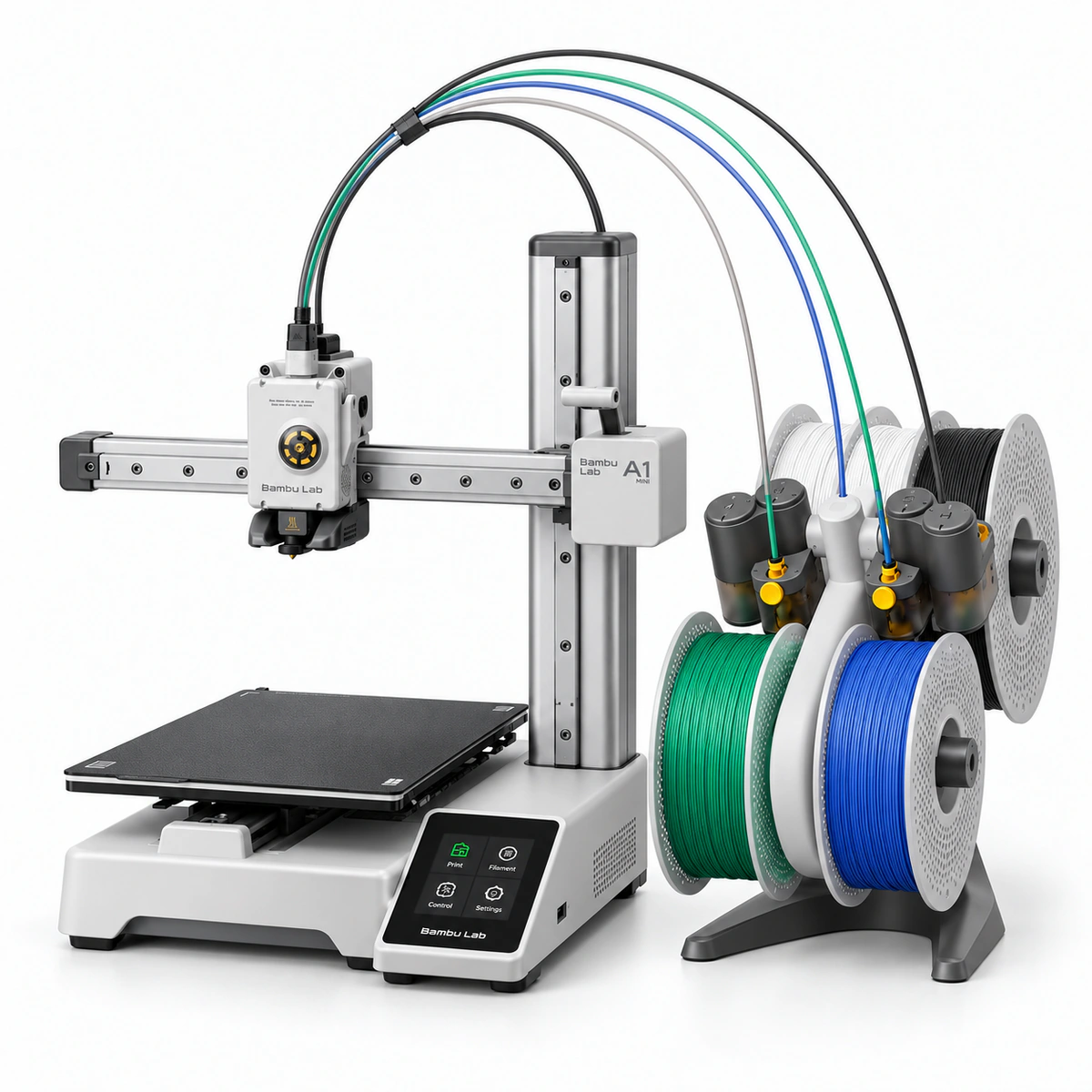 Ilustração da impressora 3D Bambu Lab A1 Mini Combo com AMS Lite e quatro bobinas, em fundo branco.