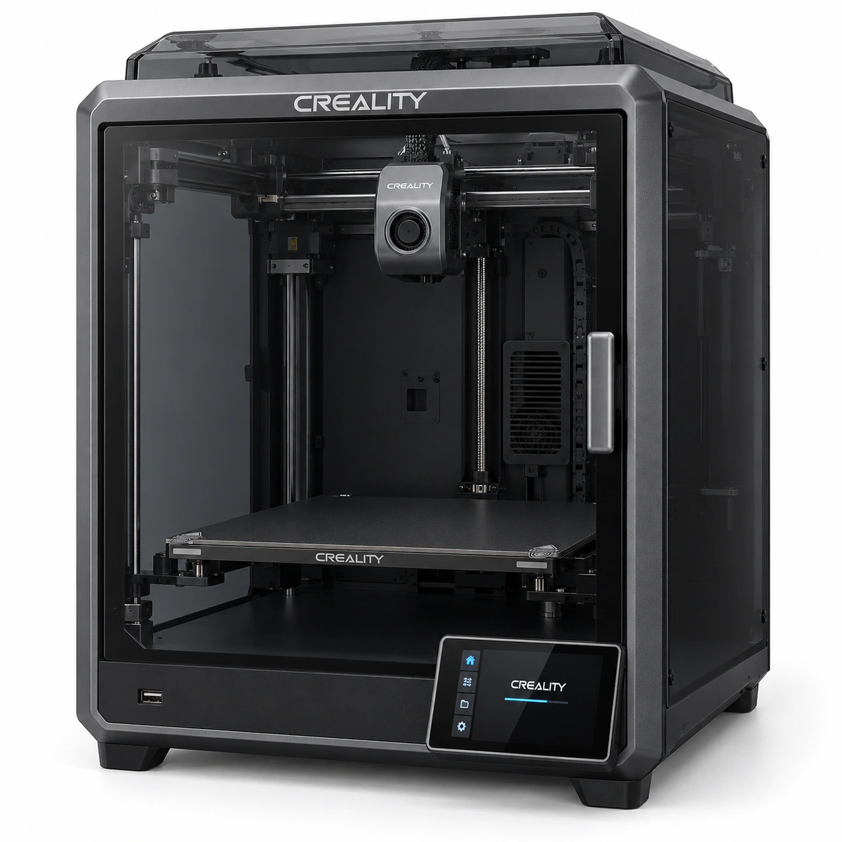 Ilustração da impressora 3D fechada Creality K1C, em fundo branco.